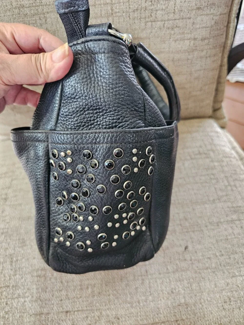 Furla Black Genuine Leather Studded Crystal Hobo Shoulder Bag